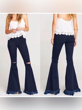 Show Me Your MuMu Dark Navy High-Waist Flare Jeans with Frayed Hem